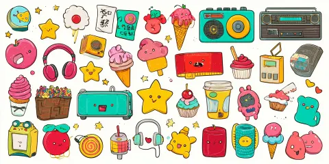 Cool cute japanese vector cartoon stickers in grid on white background, bold colors, radio