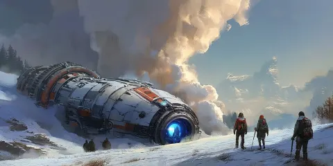 Crashed spacecraft mostly buried into a snowy hill, large plume of smoke rising into the sky