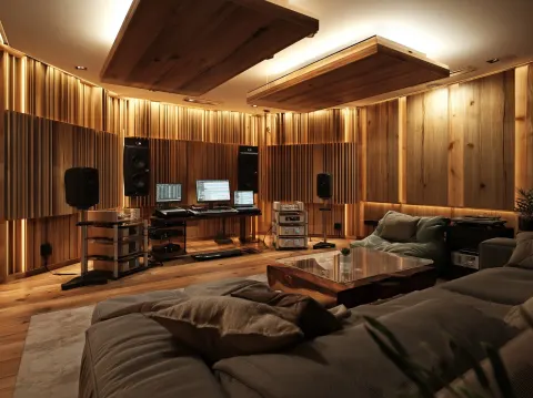 Create a front view of photo shoot of a very high-end, modern, elegant, all wooden sound treated
