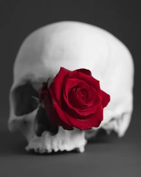 A stark monochromatic human skull with a flawless, vibrant deep crimson red rose blooming directly o