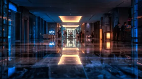 Documentary-style photograph of a hotel lobby interior, shot on Canon EOS R6 with 35mm f1.8 lens