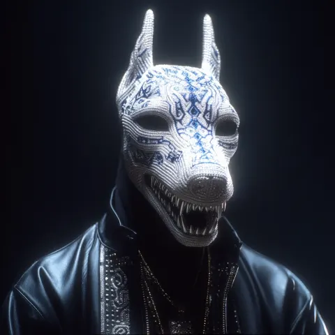 Dvd screen grab from a horror movie, showing a full-body view of a white and blue diamond-encrusted
