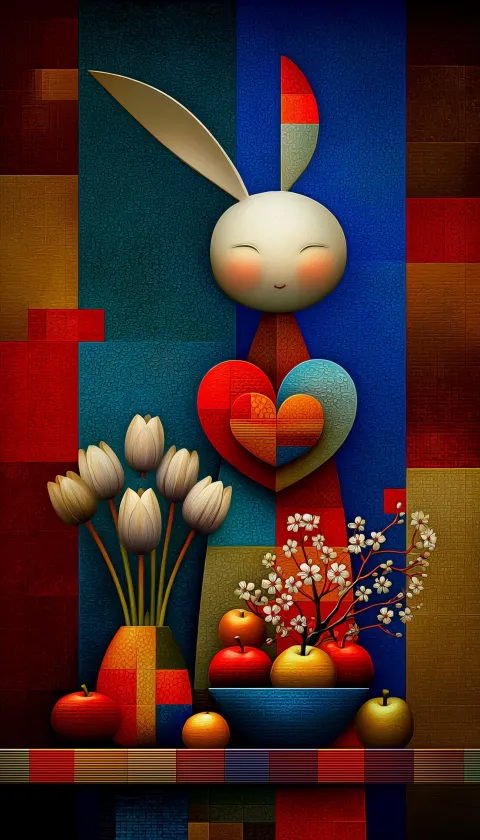Easter decoration set with a easter bunny, a heart-shaped wreath