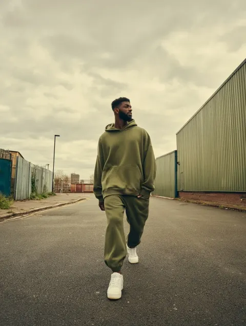 Editorial fashion photography, male model in oversized olive green heavyweight fleece hoodie and mat