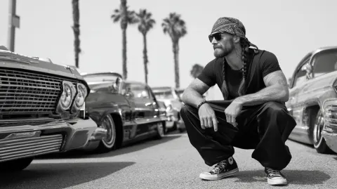 Filmed on the Los Angeles coastline, the video shows a white American gang member crouching beside s