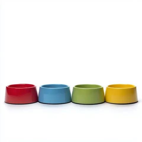 Front view of four pet bowls aligned in a row, identical size and shape