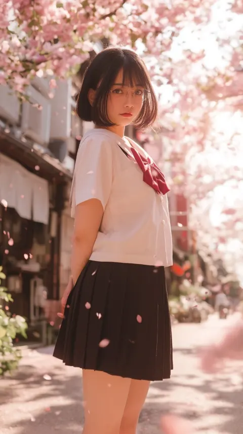 Full body shot of a cute Asian teenage girl, short black hair, wearing glasses