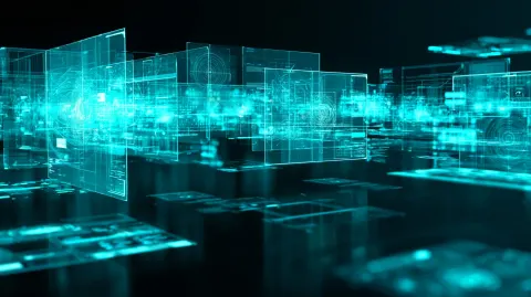 Futuristic holographic HUD interface floating in dark space, glowing cyan data panels