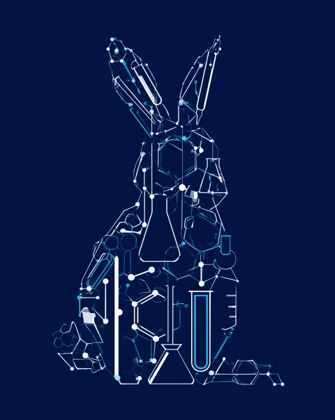 Geometric abstract Easter bunny silhouette, constructed from laboratory glassware, pipettes