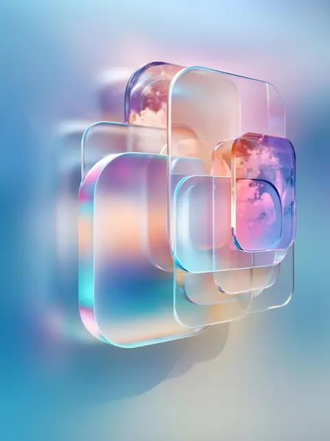 Glassmorphism layered rounded rectangles with soft blur and pastel highlights