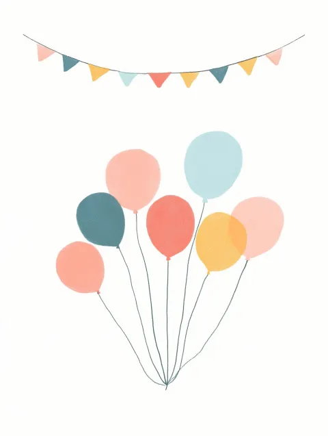 Hand-drawn, colorful balloons and garland in a colored pencil style.