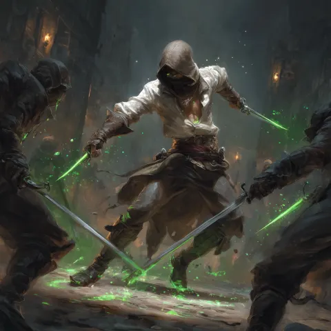 Dynamic full-body action scene, dark fantasy concept art. A hooded rogue in the middle of combat