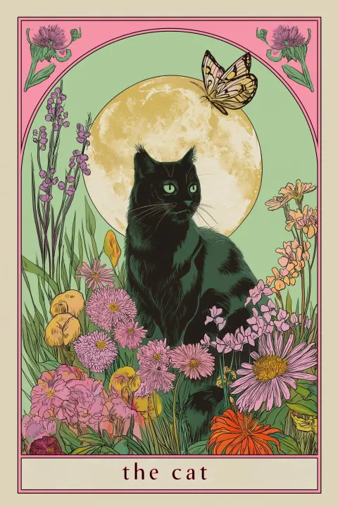 The cat, an illustrated tarot card featuring a black cat sitting in flowers with the moon and butter