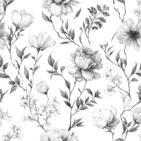 REPEAT PATTERN, PATTERN SAMPLES, A hand-drawn pencil sketch of a floral and foliage pattern on a whi