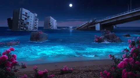 A beach of pebbles and sand, an endless ultramarine sea. There are pink bush roses in the waves and