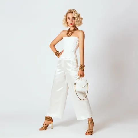 High fashion editorial photoshoot, full body female model with short wavy blonde bob haircut
