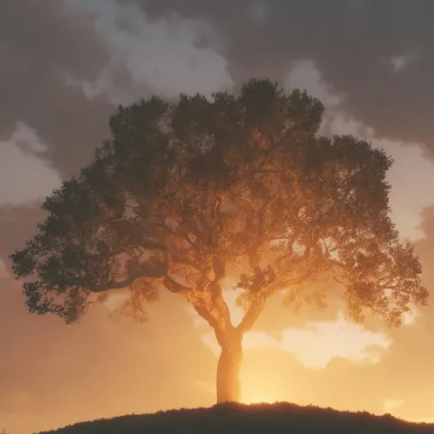 A majestic tree of life standing alone on a small hill