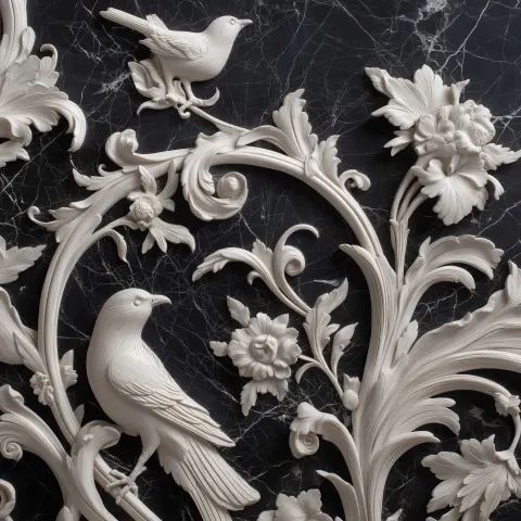 High-relief 3D wall sculpture of floral ornaments and birds, sculpted in matte white plaster