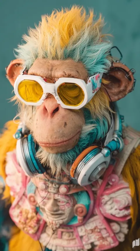 Hyperrealistic, portrait of detailed autism colorful cyberpunk mayan ape smiling god