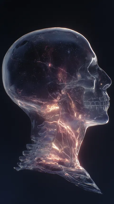 Hyperrealistic surreal portrait of a transparent human head and shoulders