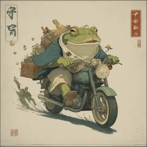 I want a Japanese traditional illustration depicting a frog riding a motor bike