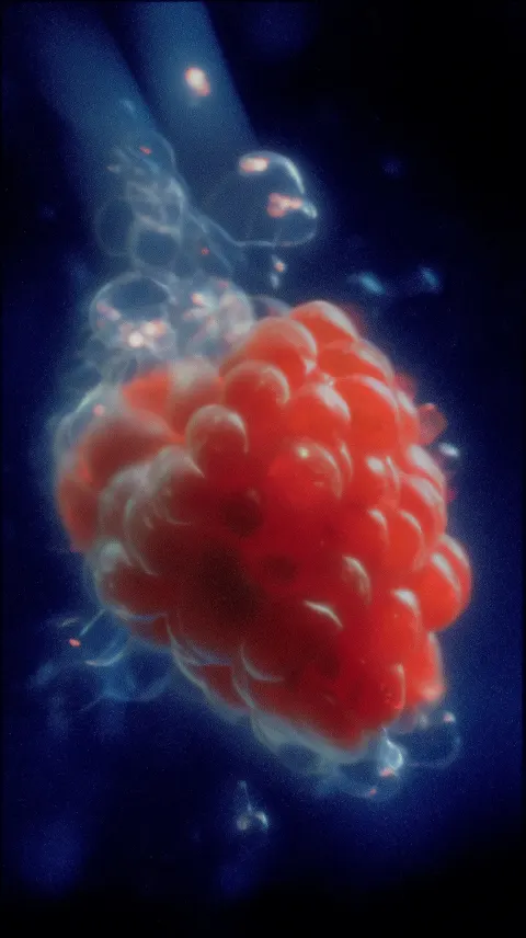 Raspberry sinking in water, bubbles around the raspberry. yellow and amber tones