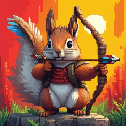 Pixel Squirrel Archer Raising an Arrow High