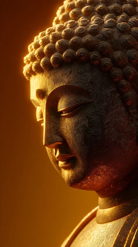Golden glowing Buddha, kind and compassionate expression, soft radiant aura, warm golden light