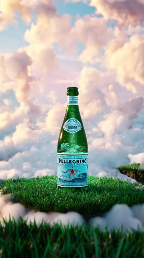 Use the exact San Pellegrino bottle from reference image, dark green glass