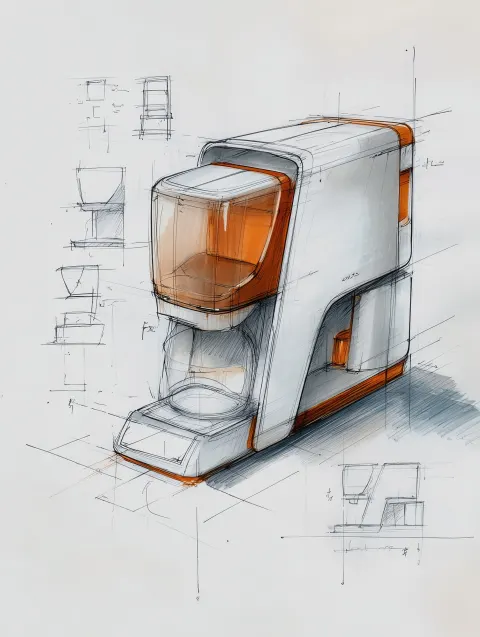 Industrial design sketch of a futuristic consumer product, clean perspective, precise linework