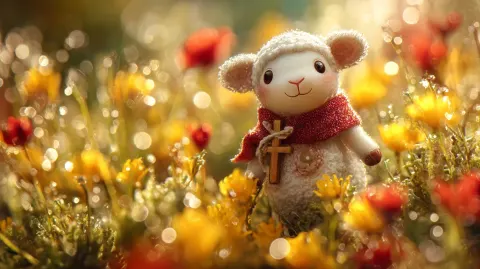 Live white little lamb happy, with a red scarf and a tiny wooden cross