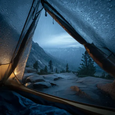 Looking out of a very mall a frame tent. Outside rain is falling in high mountains at night