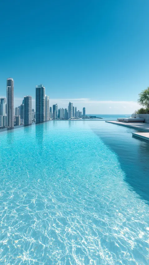 Luxury condo with infinity pool, clear blue water reflecting sunlight, city skyline background