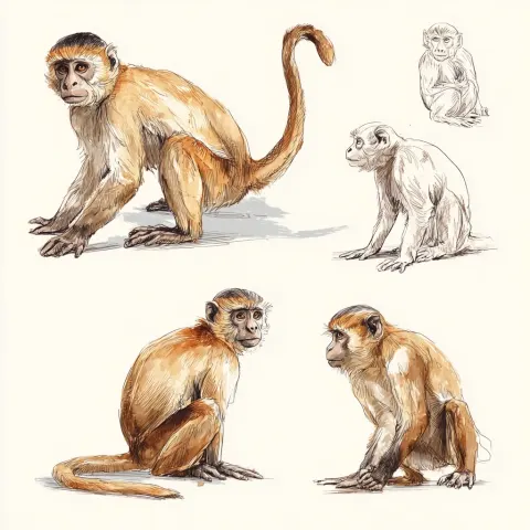 Macque monkey in different positions front and side. style vector painting and outlines