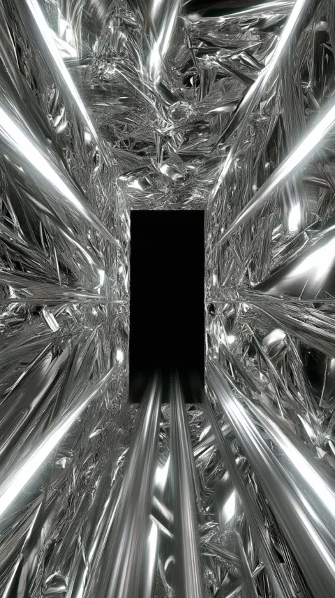 Metalic tunnel portal with motion blur with irregulary sharp various particles of y2k metalic