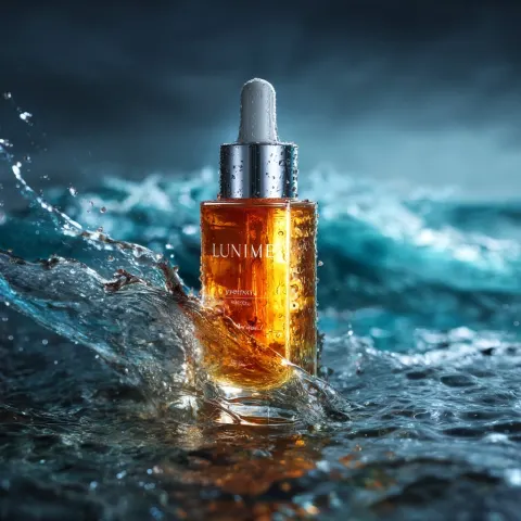 Luxury skincare serum bottle, standing on wet reflective surface with water droplets