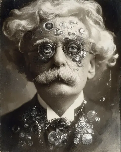 Masterpiece illustration: a beautiful perfect mixed media artwork showing a genius with many ideas