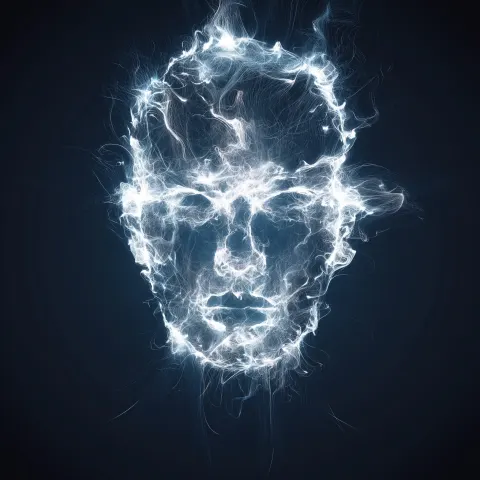 Minimal bold logo, abstract human face made entirely of glowing white light particles and wisps