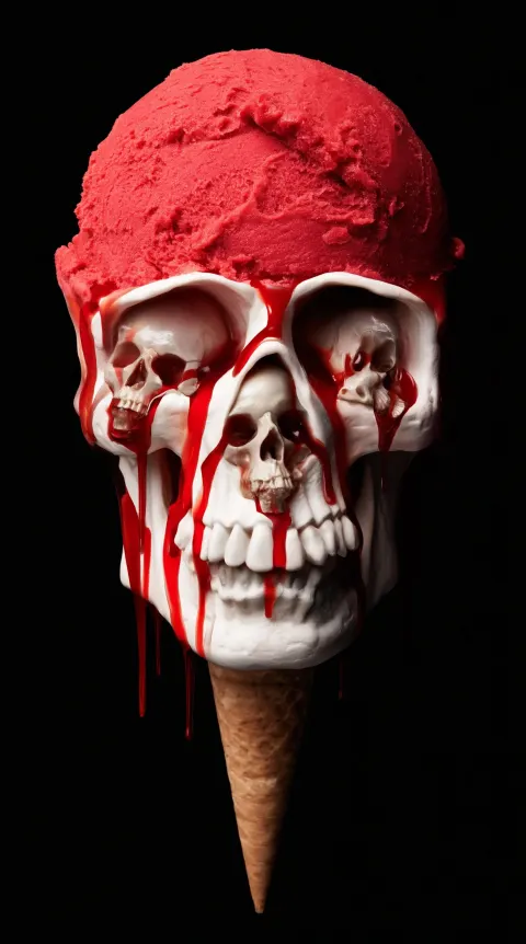 Skull-shaped ice cream, dripping red liquid on the cone, skulls melting in it