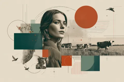 Modern editorial collage with agricultural theme, young female farmer portrait as central element