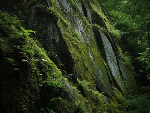Moss-covered granite rock face, deep green with fine textures in a humid forest.