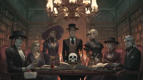 Murder mystery at a spooky university in Scotland. 7 suspects dressed in traditional dinner attire s