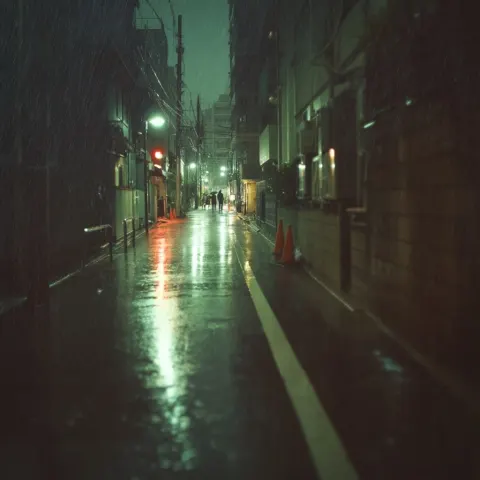 Narrow rain-soaked city street at night, neon reflections stretching across wet pavement