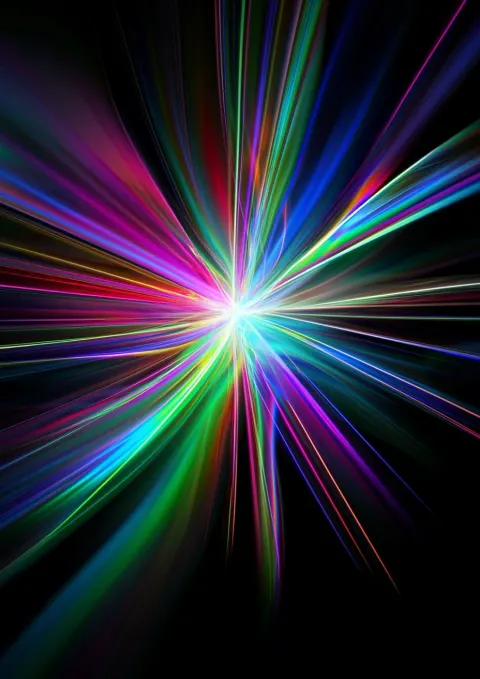 Neon rays of light coming out of the middle, on a solid black background