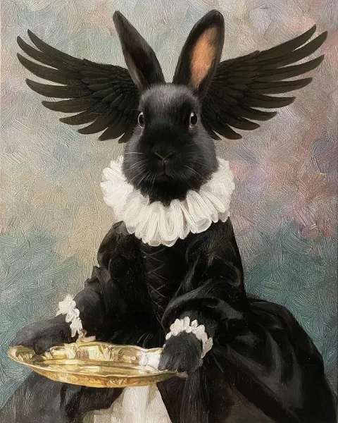 Oil painting, a black rabbit with black wings in black dress