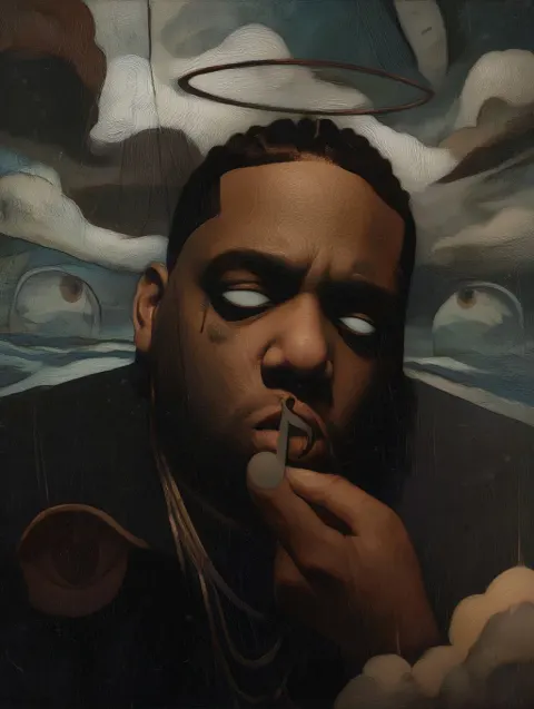 A jungian dream, A psychedelic personalization of Notorious BIG holding a music note