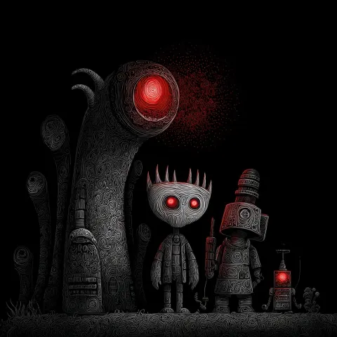 Alien, monster, robot, and dark background