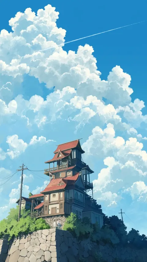 Japanese Castle Under a Blue Sky, Illustration