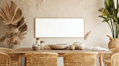 Photography Scandinavian boho dining area with wooden table, woven chairs, plants and ceramics
