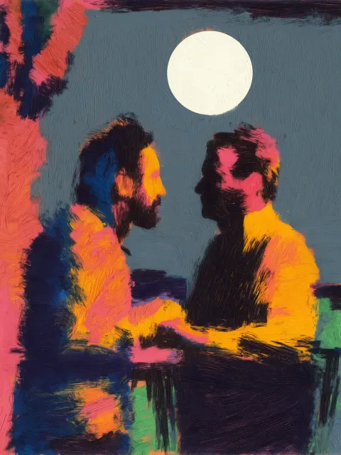 Two middle aged men are having sweet moments. They are staring at each other
